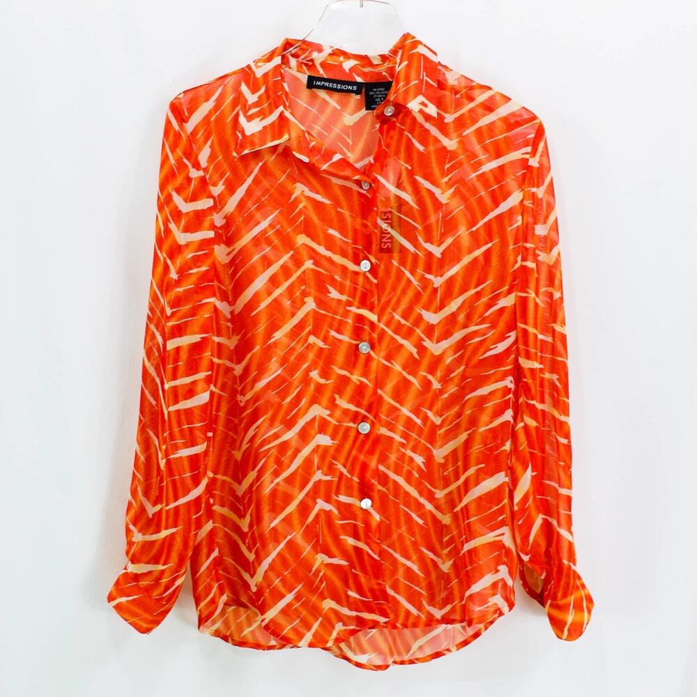 IMPRESSIONS Orange Abstract Long Sleeve Button Up Top